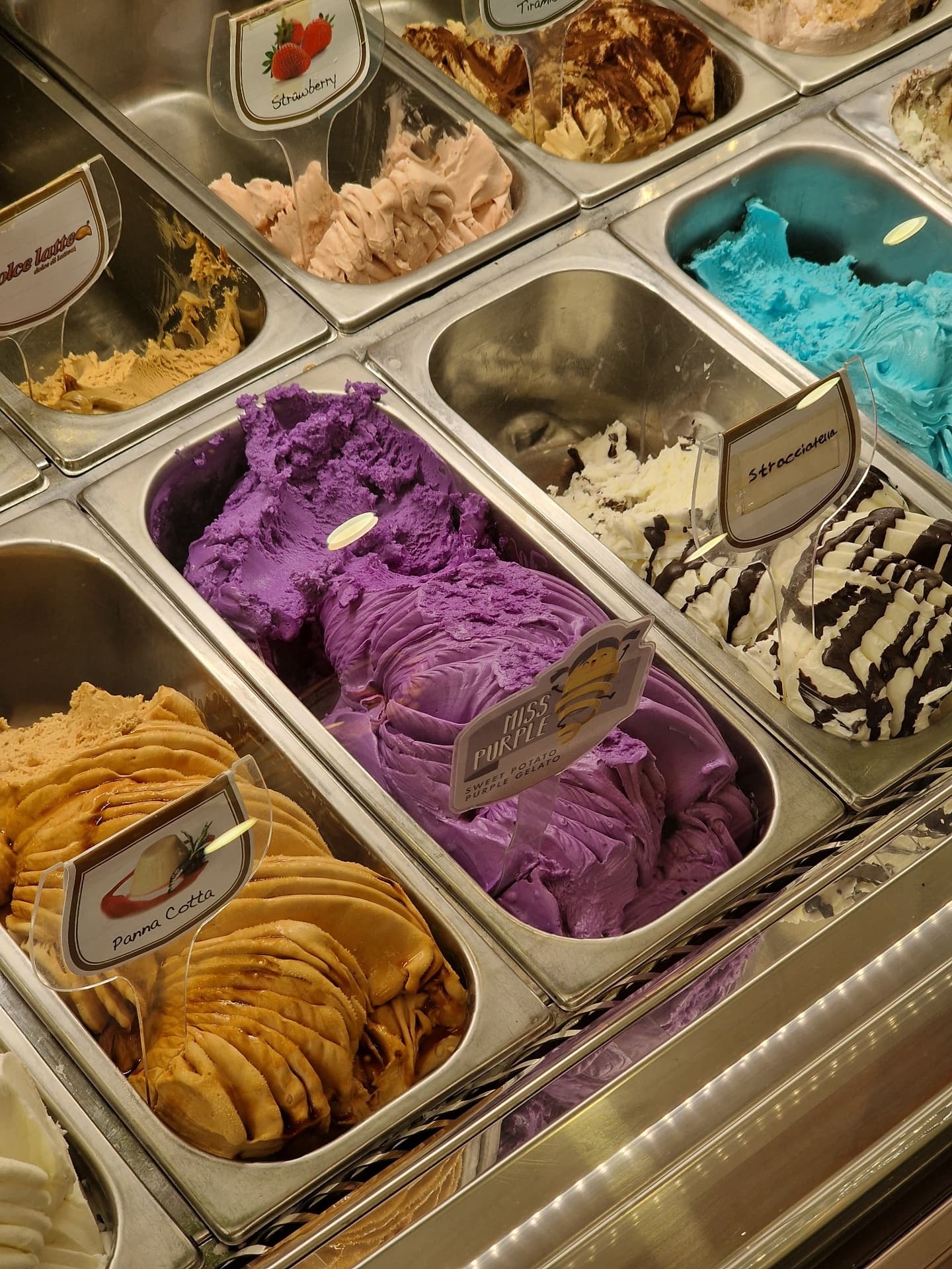 Miss Purple sweet potato gelato and Stracciatella scoops